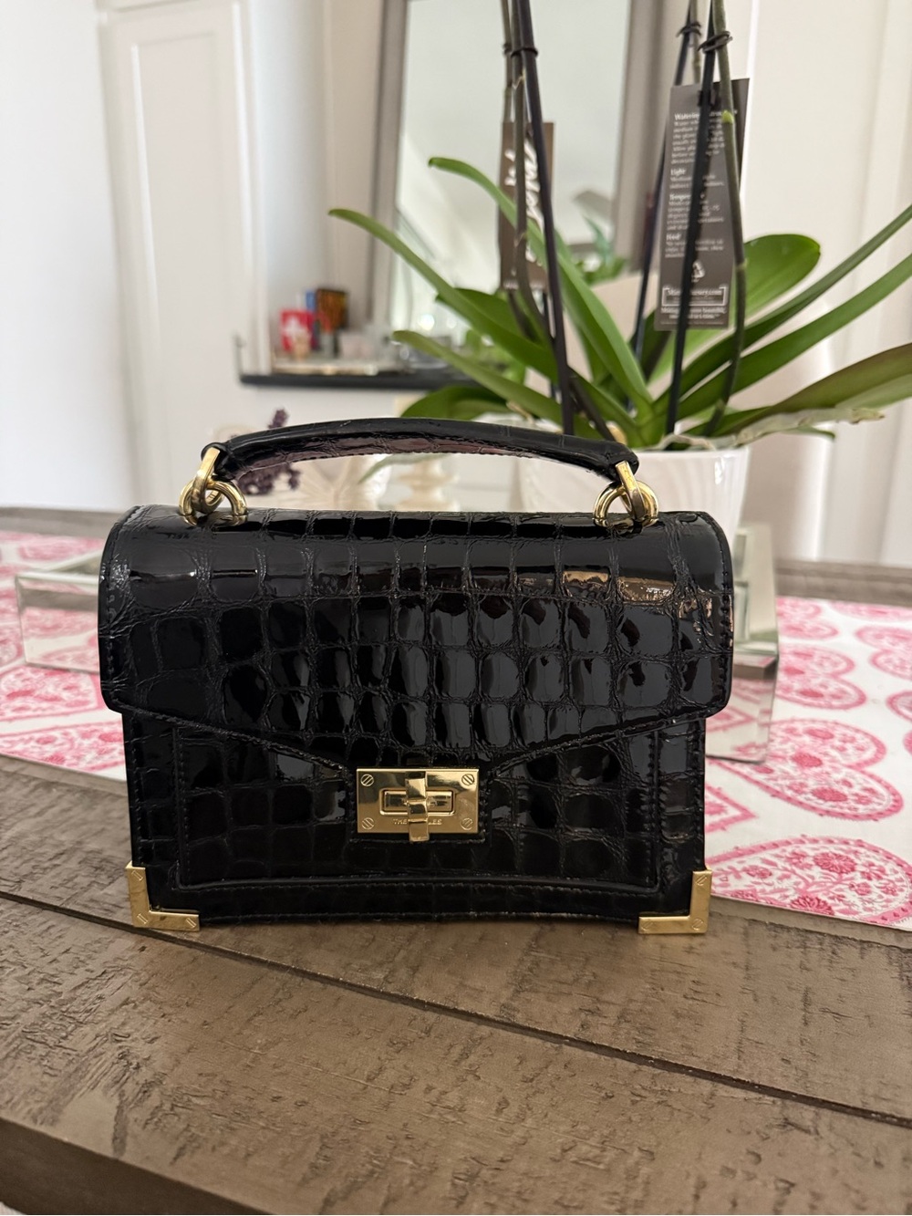 The Kooples Black Croc-Embossed Mini Top-Handle Bag with Gold Hardware